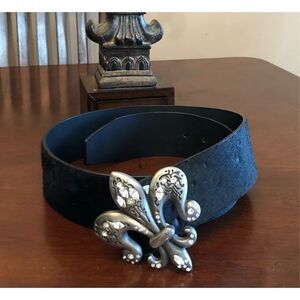 ROYAL PLUSH - L Sz M 31-34 Cowhair & Leather w/Pewter Rhinestones Fleur-de-lis￼